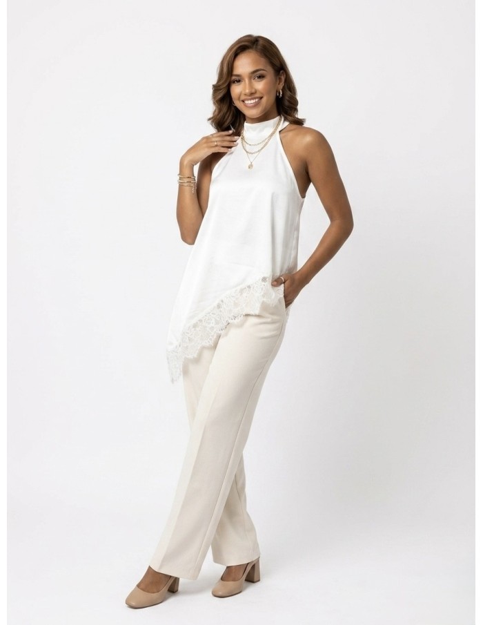 TOP SATINÉ BLANC COUPE ASYMÉTRIQUE ET BORDURE DENTELLE - femme