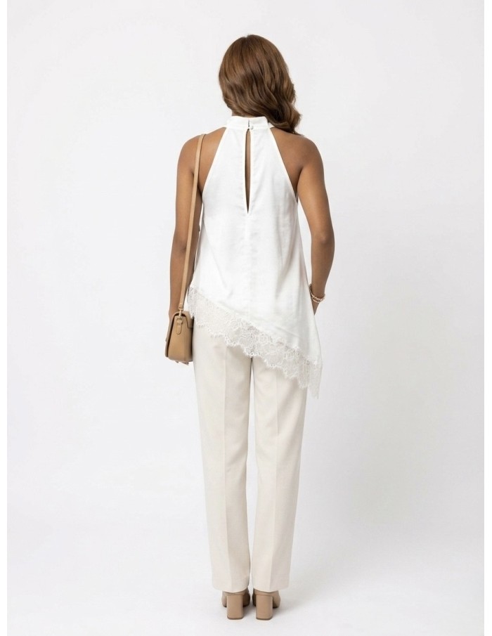 TOP SATINÉ BLANC COUPE ASYMÉTRIQUE ET BORDURE DENTELLE - femme