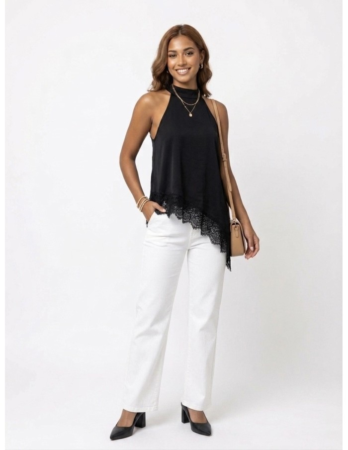 TOP SATINÉ NOIR COUPE ASYMÉTRIQUE ET BORDURE DENTELLE - femme
