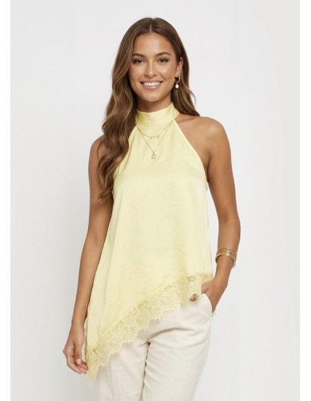 TOP SATINÉ JAUNE COUPE ASYMÉTRIQUE ET BORDURE DENTELLE - femme