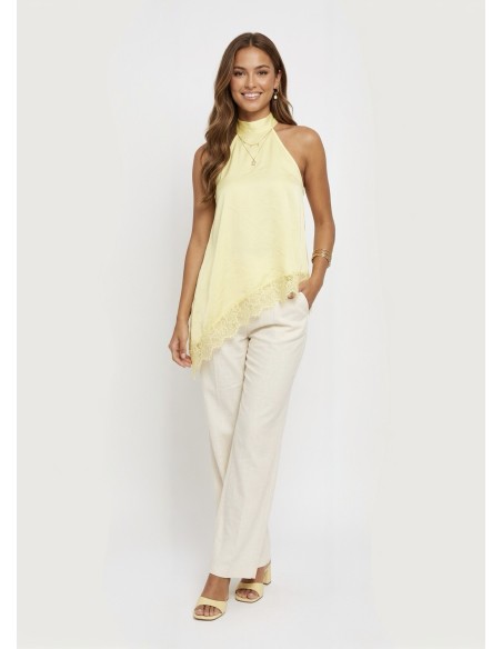 TOP SATINÉ JAUNE COUPE ASYMÉTRIQUE ET BORDURE DENTELLE - femme