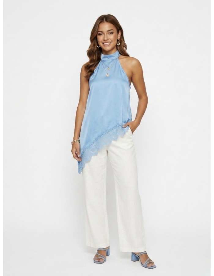 TOP SATINÉ BLEU COUPE ASYMÉTRIQUE ET BORDURE DENTELLE - femme