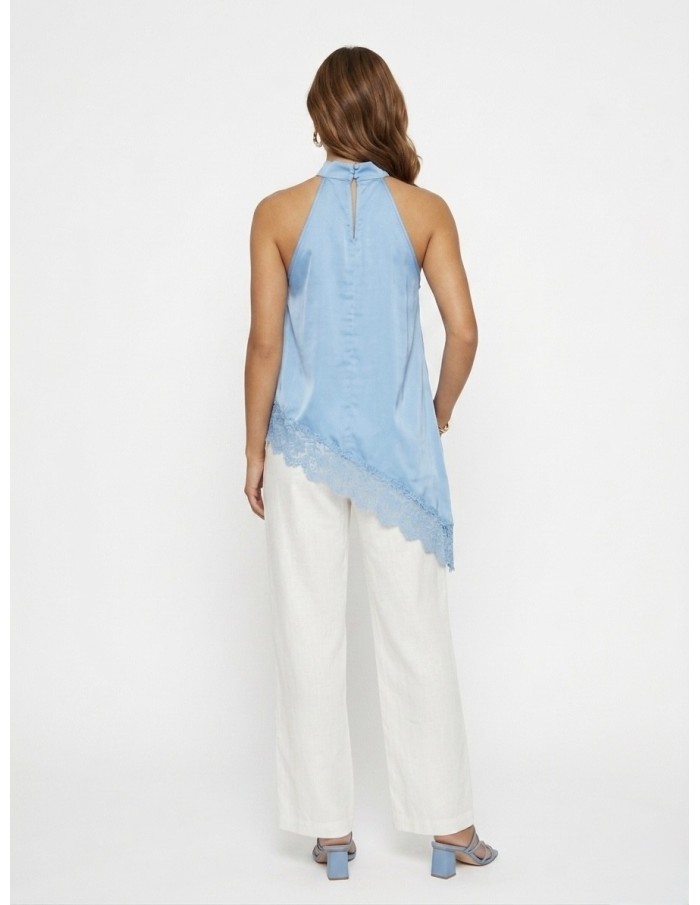 TOP SATINÉ BLEU COUPE ASYMÉTRIQUE ET BORDURE DENTELLE - femme