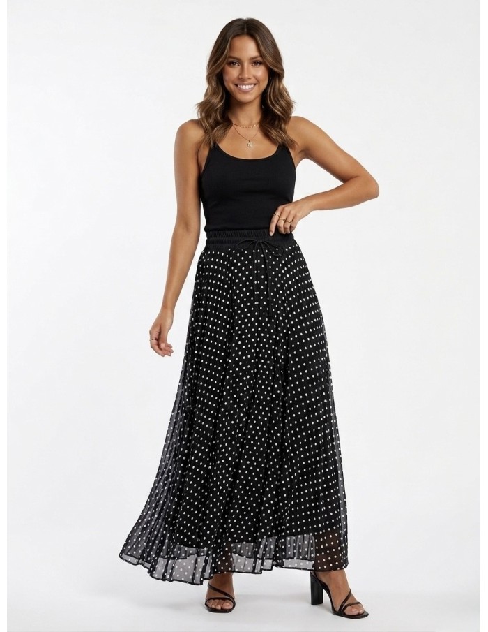 JUPE LONGUE NOIR À POIS TAILLE ÉLASTIQUÉE – FEMME