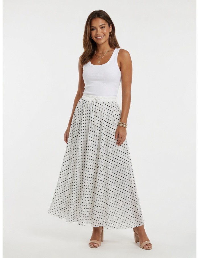 JUPE LONGUE BLANCHE À POIS TAILLE ÉLASTIQUÉE – FEMME