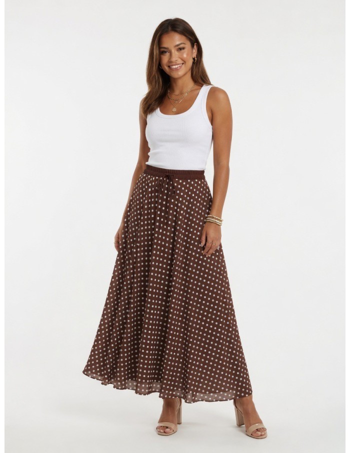 JUPE LONGUE MARRON À POIS TAILLE ÉLASTIQUÉE – FEMME