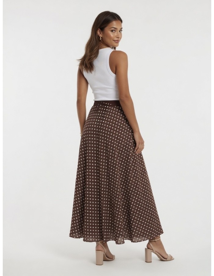 JUPE LONGUE MARRON À POIS TAILLE ÉLASTIQUÉE – FEMME