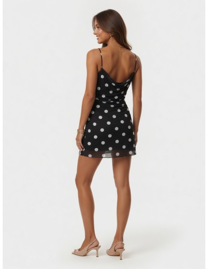 ROBE COURTE NOIR À BRETELLES IMPRIMÉ POIS & EFFET DRAPÉ- femme