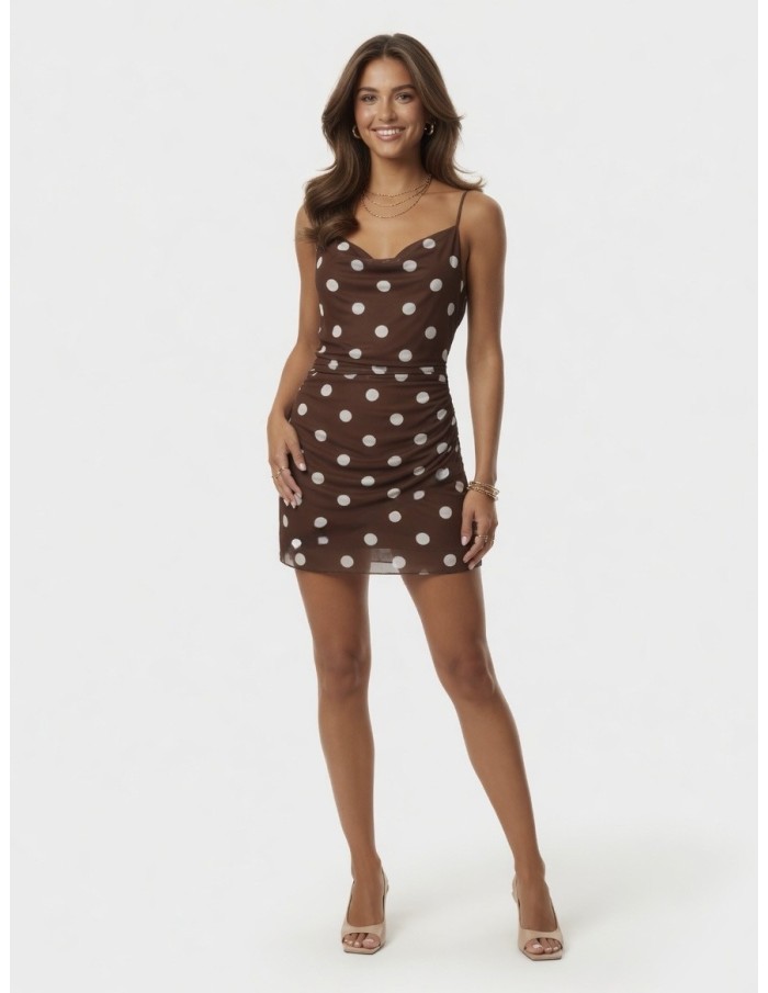 ROBE COURTE MARRON À BRETELLES IMPRIMÉ POIS & EFFET DRAPÉ- femme