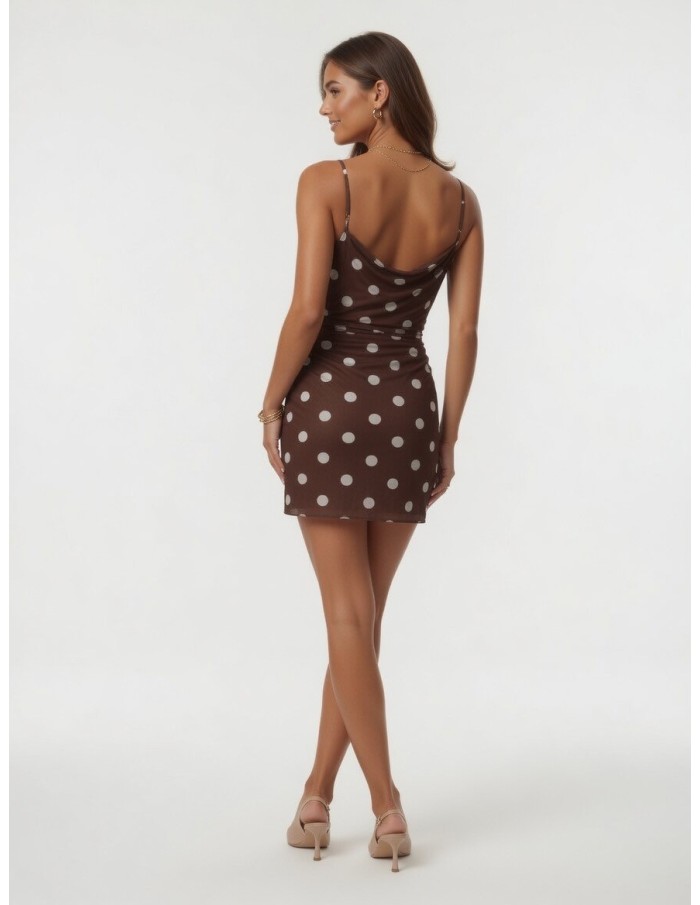 ROBE COURTE MARRON À BRETELLES IMPRIMÉ POIS & EFFET DRAPÉ- femme