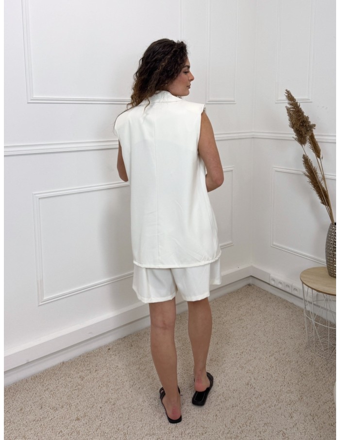 ENSEMBLE SANS MANCHES BLANC BERMUDA BLAZER MANCHES COURTES  - FEMME