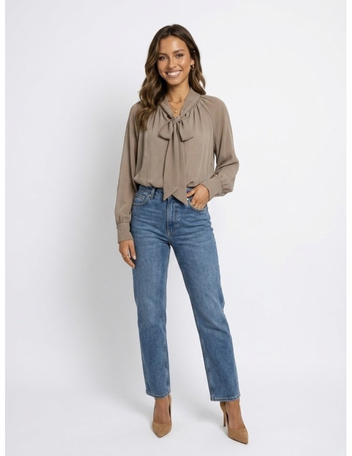 BLOUSE TAUPE COL LAVALLIÈRE COUPE FLUIDE & DÉTAILS FRONCÉS - FEMME