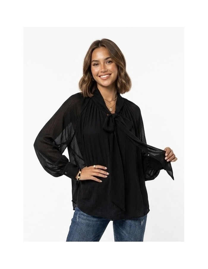 BLOUSE NOIR COL LAVALLIÈRE COUPE FLUIDE & DÉTAILS FRONCÉS - FEMME
