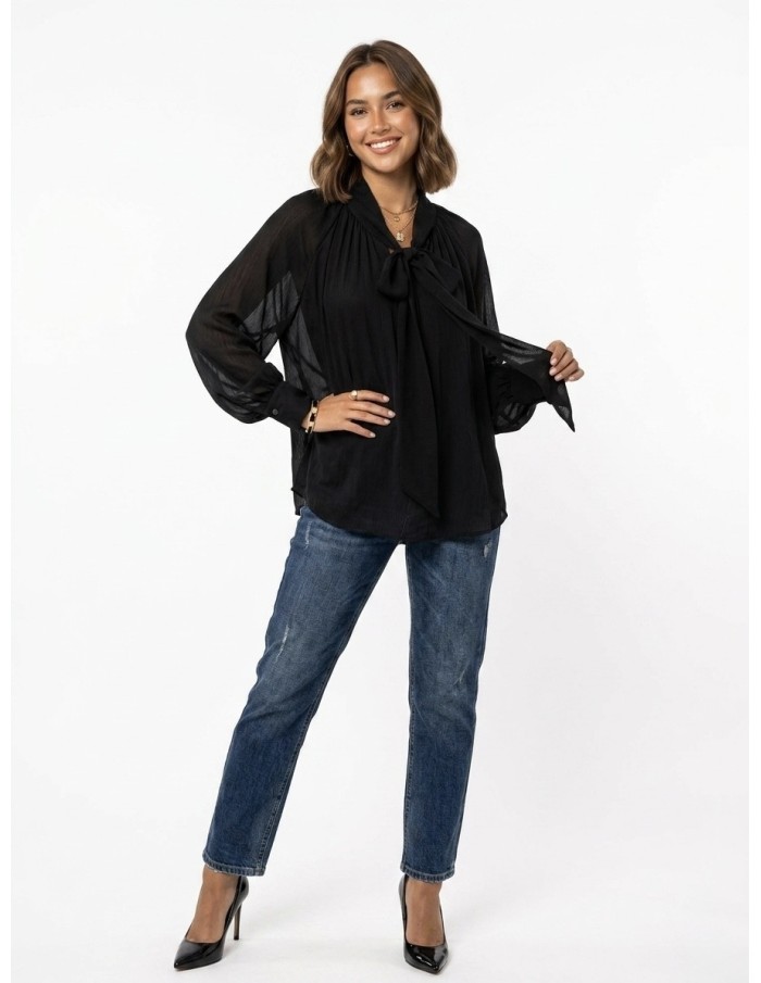 BLOUSE NOIR COL LAVALLIÈRE COUPE FLUIDE & DÉTAILS FRONCÉS - FEMME