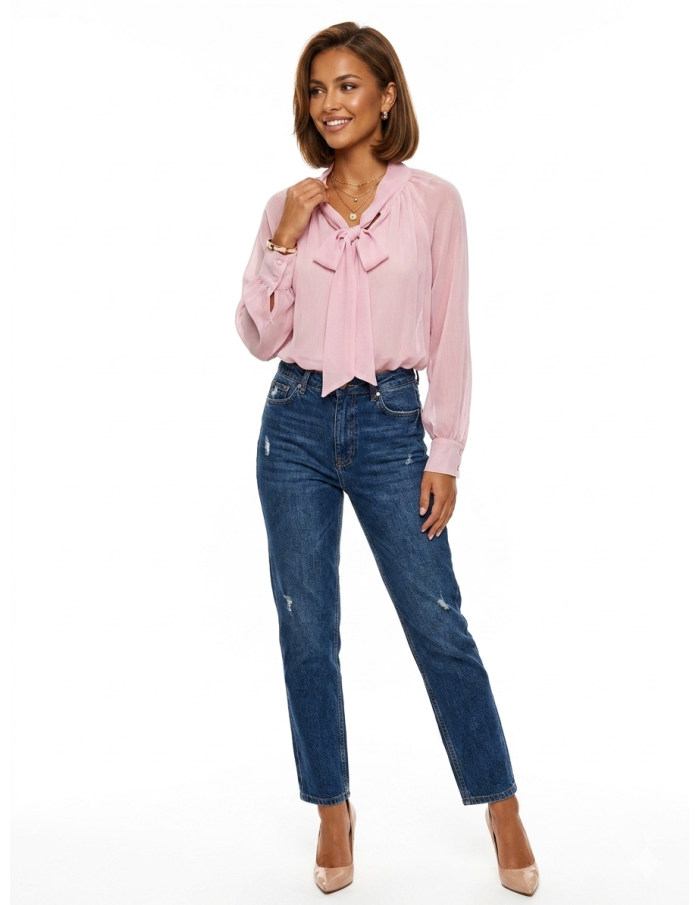 BLOUSE ROSE CLAIR COL LAVALLIÈRE COUPE FLUIDE & DÉTAILS FRONCÉS - FEMME