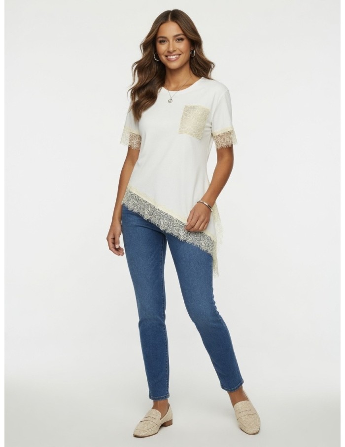 T-SHIRT ASYMÉTRIQUE JAUNE DÉTAILS DENTELLE & POCHE PAILLETÉE  - femme