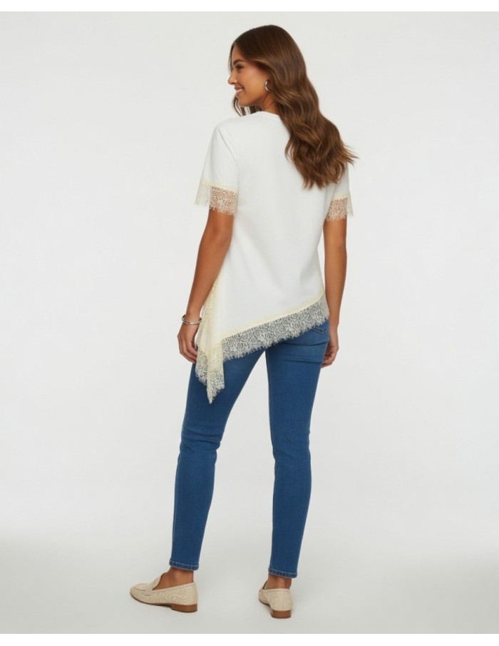 T-SHIRT ASYMÉTRIQUE JAUNE DÉTAILS DENTELLE & POCHE PAILLETÉE  - femme