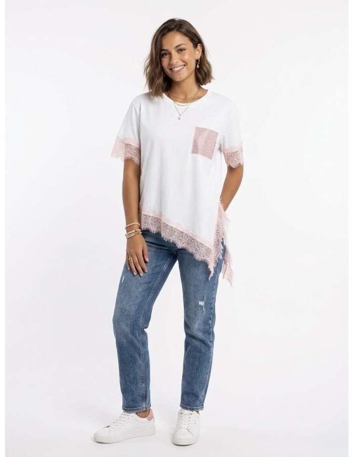 T-SHIRT ASYMÉTRIQUE ROSE CLAIR DÉTAILS DENTELLE & POCHE PAILLETÉE  - femme