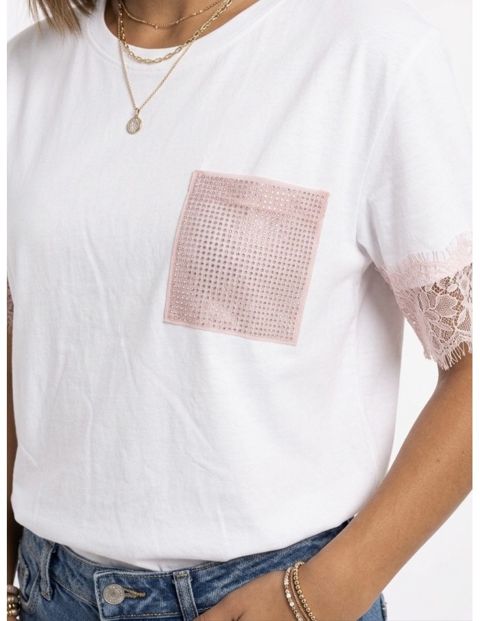 T-SHIRT ASYMÉTRIQUE ROSE CLAIR DÉTAILS DENTELLE & POCHE PAILLETÉE  - femme