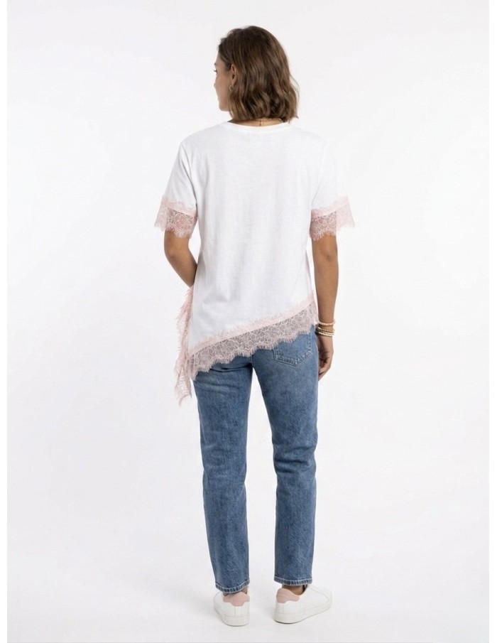 T-SHIRT ASYMÉTRIQUE ROSE CLAIR DÉTAILS DENTELLE & POCHE PAILLETÉE  - femme
