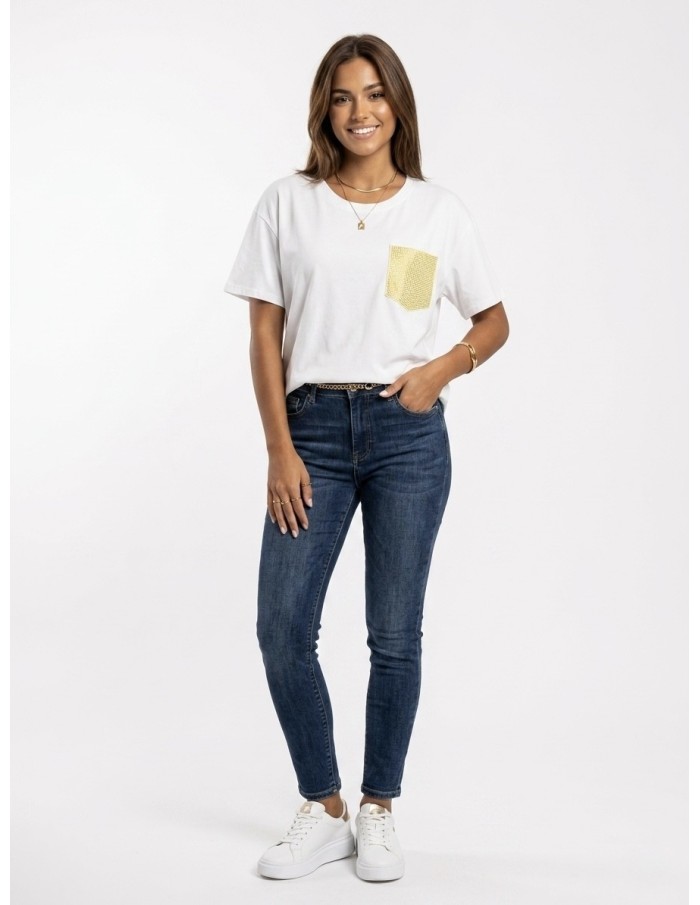 T-SHIRT JAUNE POCHE STRASS  - femme