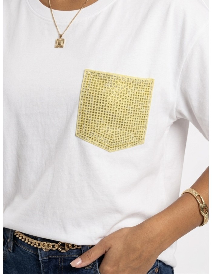 T-SHIRT JAUNE POCHE STRASS  - femme