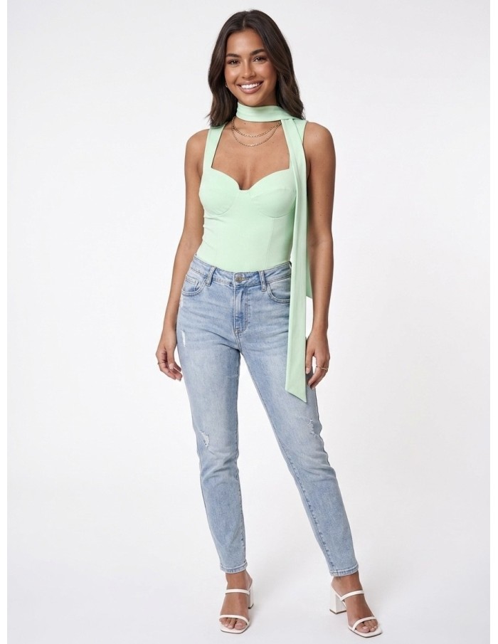 TOP BUSTIER VERT MENTHE COUPE CORSET & FOULARD INTÉGRÉE - FEMME
