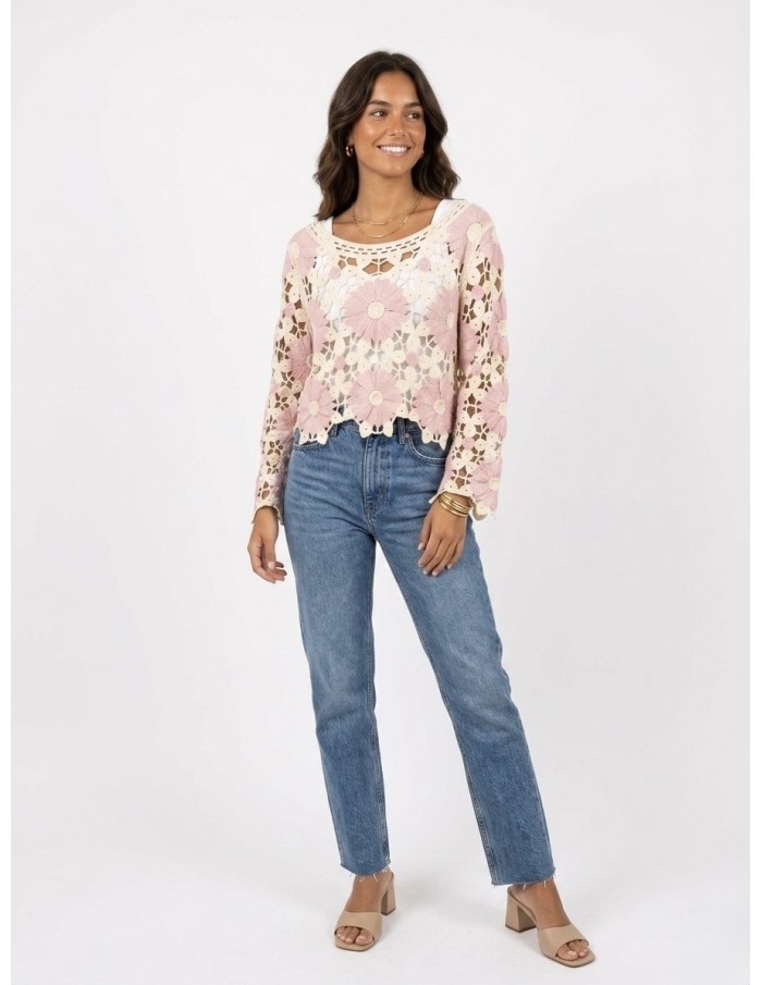 TOP ROSE EN CROCHET MOTIFS FLEURS - FEMME