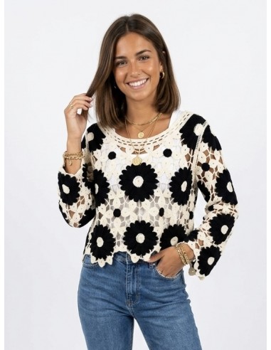 TOP NOIR EN CROCHET MOTIFS FLEURS -...