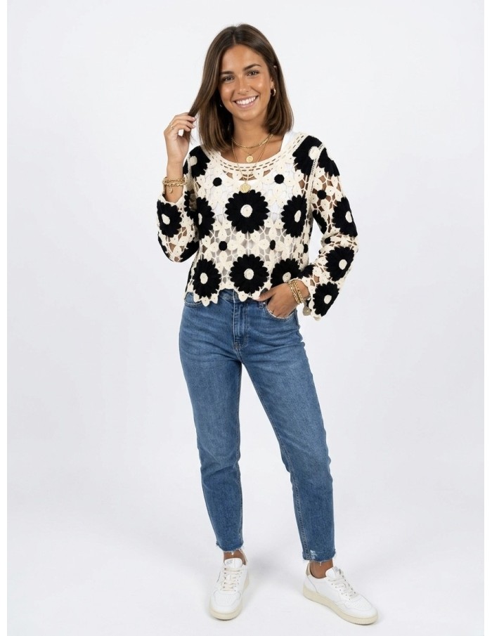 TOP NOIR EN CROCHET MOTIFS FLEURS - FEMME