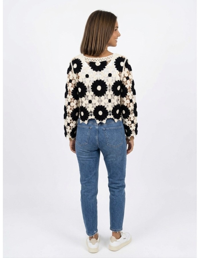 TOP NOIR EN CROCHET MOTIFS FLEURS - FEMME