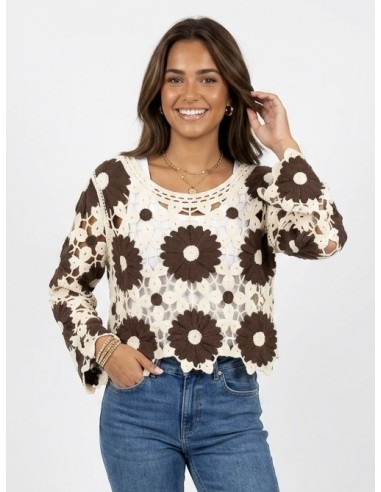 TOP MARRON EN CROCHET MOTIFS FLEURS -...