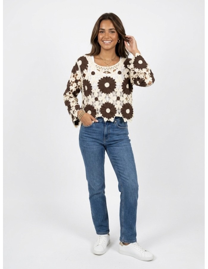 TOP MARRON EN CROCHET MOTIFS FLEURS - FEMME