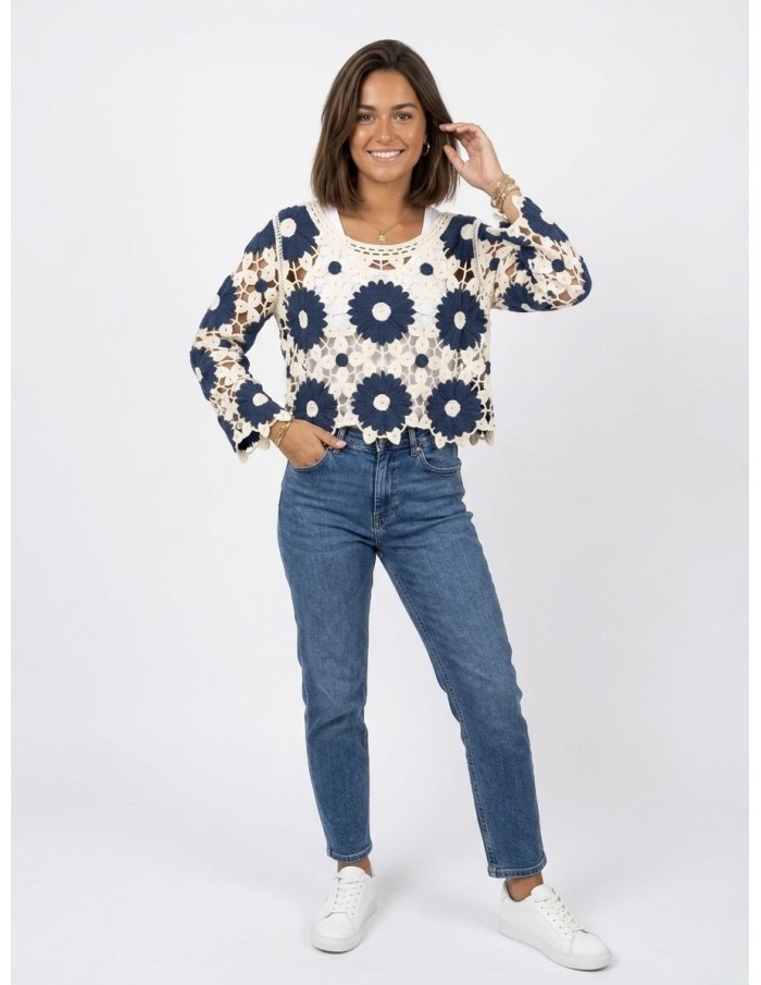 TOP BLEU MARINE EN CROCHET MOTIFS FLEURS - FEMME