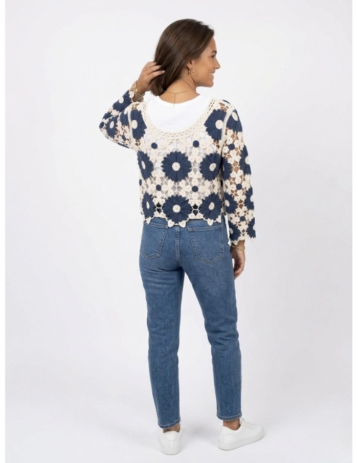 TOP BLEU MARINE EN CROCHET MOTIFS FLEURS - FEMME