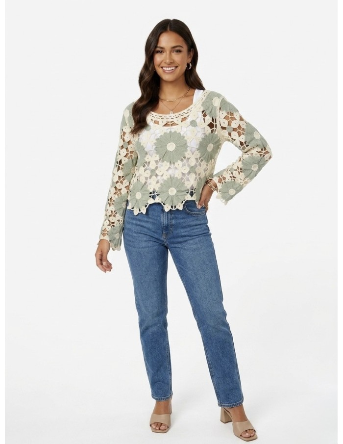 TOP VERT SAUGE EN CROCHET MOTIFS FLEURS - FEMME