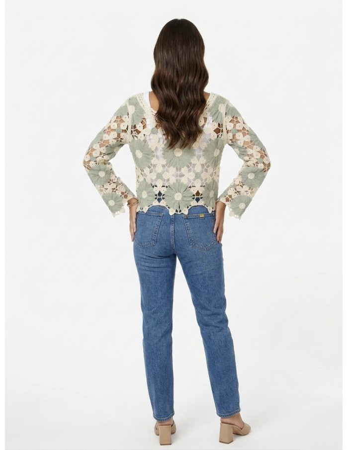 TOP VERT SAUGE EN CROCHET MOTIFS FLEURS - FEMME
