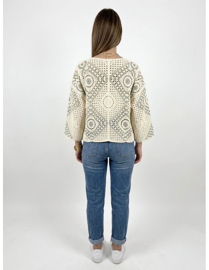 GILET VERT SAUGE EN CROCHET & MOTIFS GÉOMÉTRIQUES - FEMME