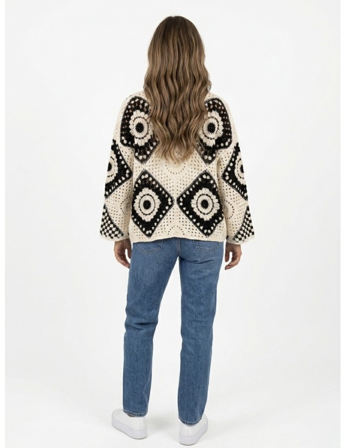 GILET NOIR EN CROCHET & MOTIFS GÉOMÉTRIQUES - FEMME
