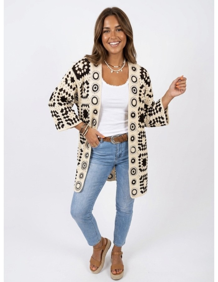 GILET LONG NOIR EN CROCHET - FEMME