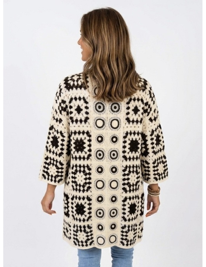 GILET LONG NOIR EN CROCHET - FEMME