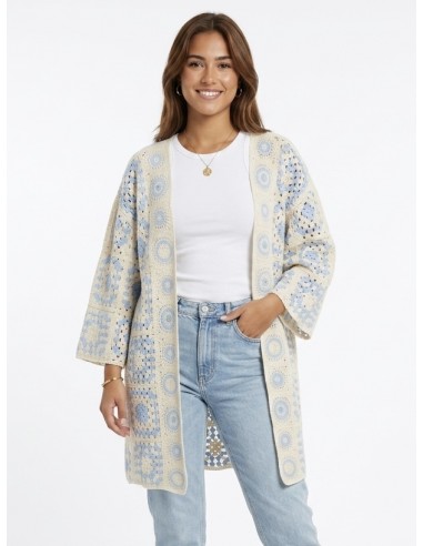 GILET LONG BLEU CIEL EN CROCHET - FEMME