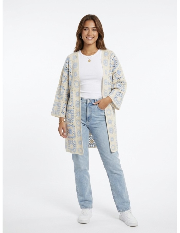GILET LONG BLEU CIEL EN CROCHET - FEMME