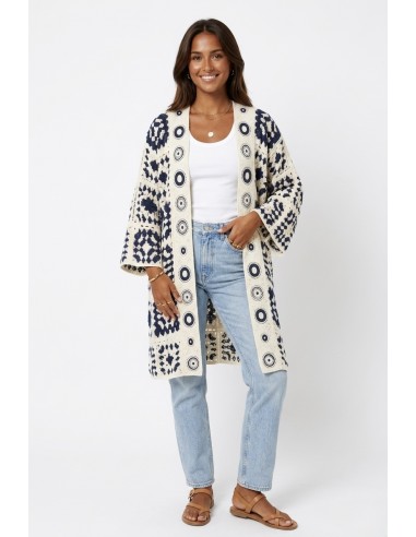 GILET LONG BLEU MARINE EN CROCHET -...