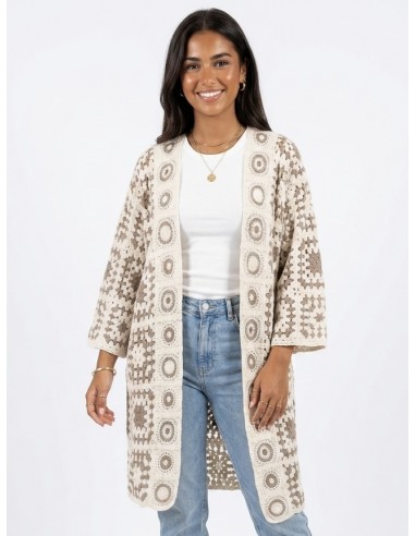 GILET LONG TAUPE EN CROCHET - FEMME