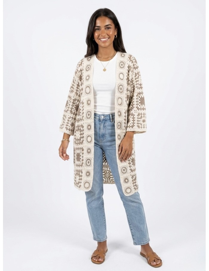 GILET LONG TAUPE EN CROCHET - FEMME