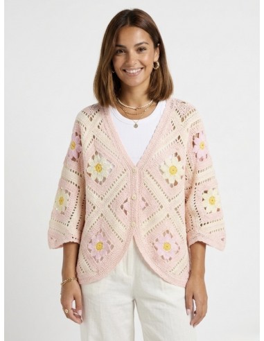 GILET ROSE EN CROCHET MOTIFS FLEURS -...