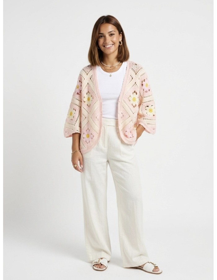 GILET ROSE EN CROCHET MOTIFS FLEURS - FEMME