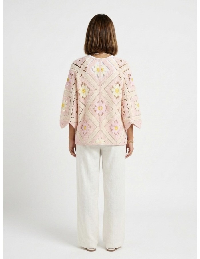 GILET ROSE EN CROCHET MOTIFS FLEURS - FEMME