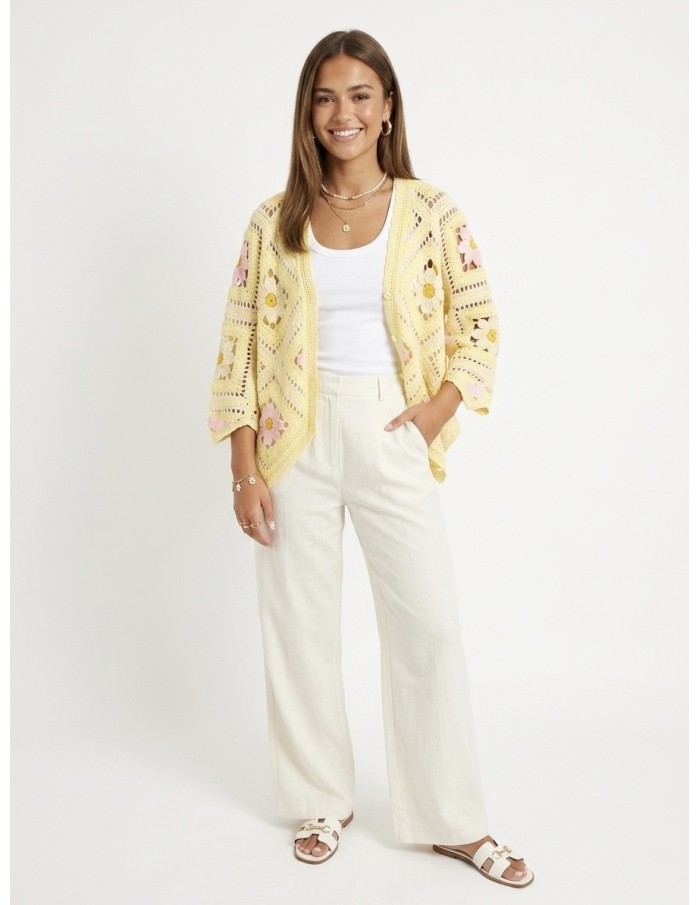 GILET JAUNE EN CROCHET MOTIFS FLEURS - FEMME